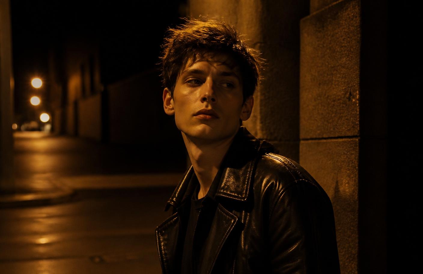 Portrait at night under warm streetlight